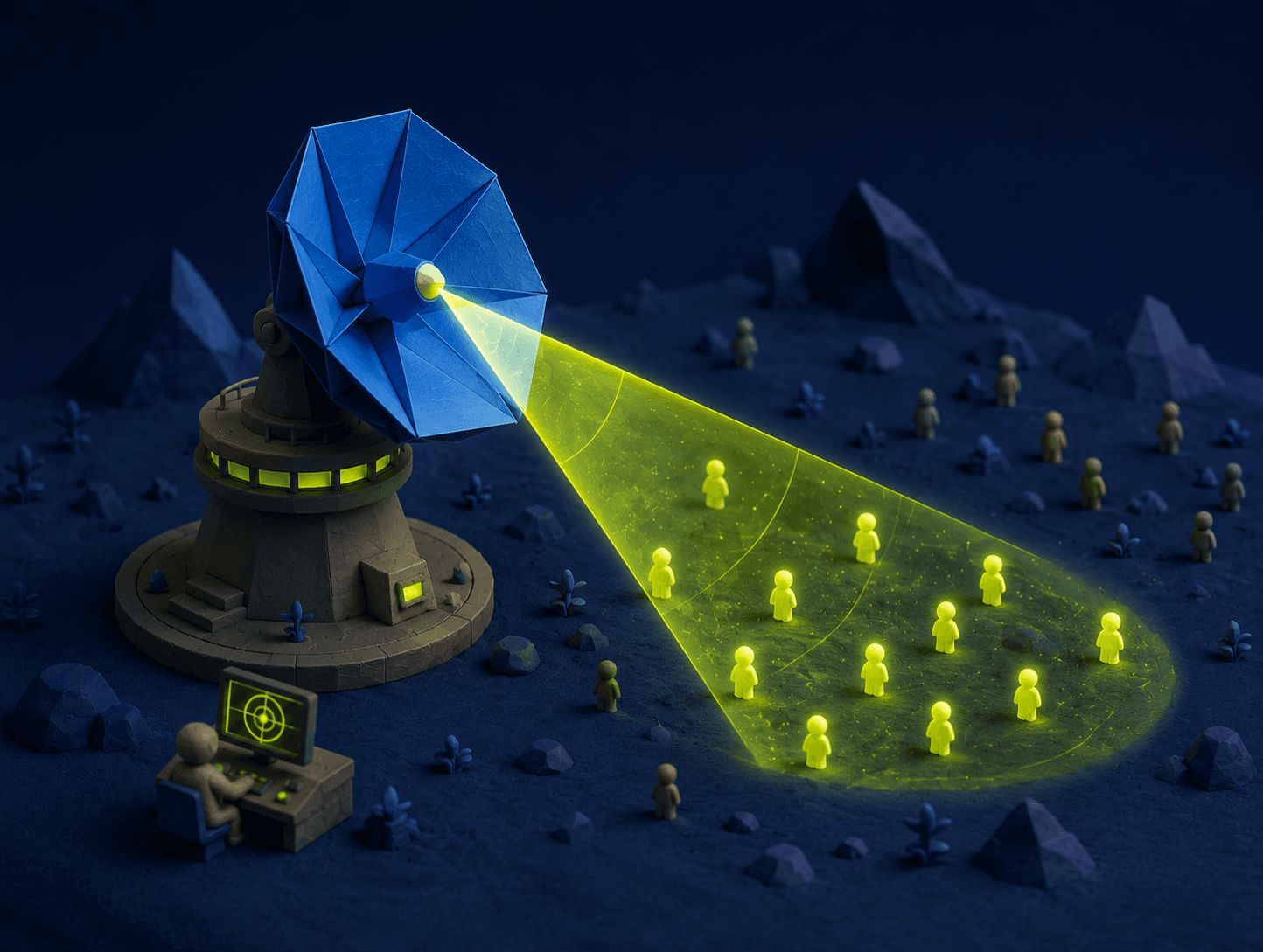 A radar dish scanning a field, illuminating the companies it detects as buying signals.